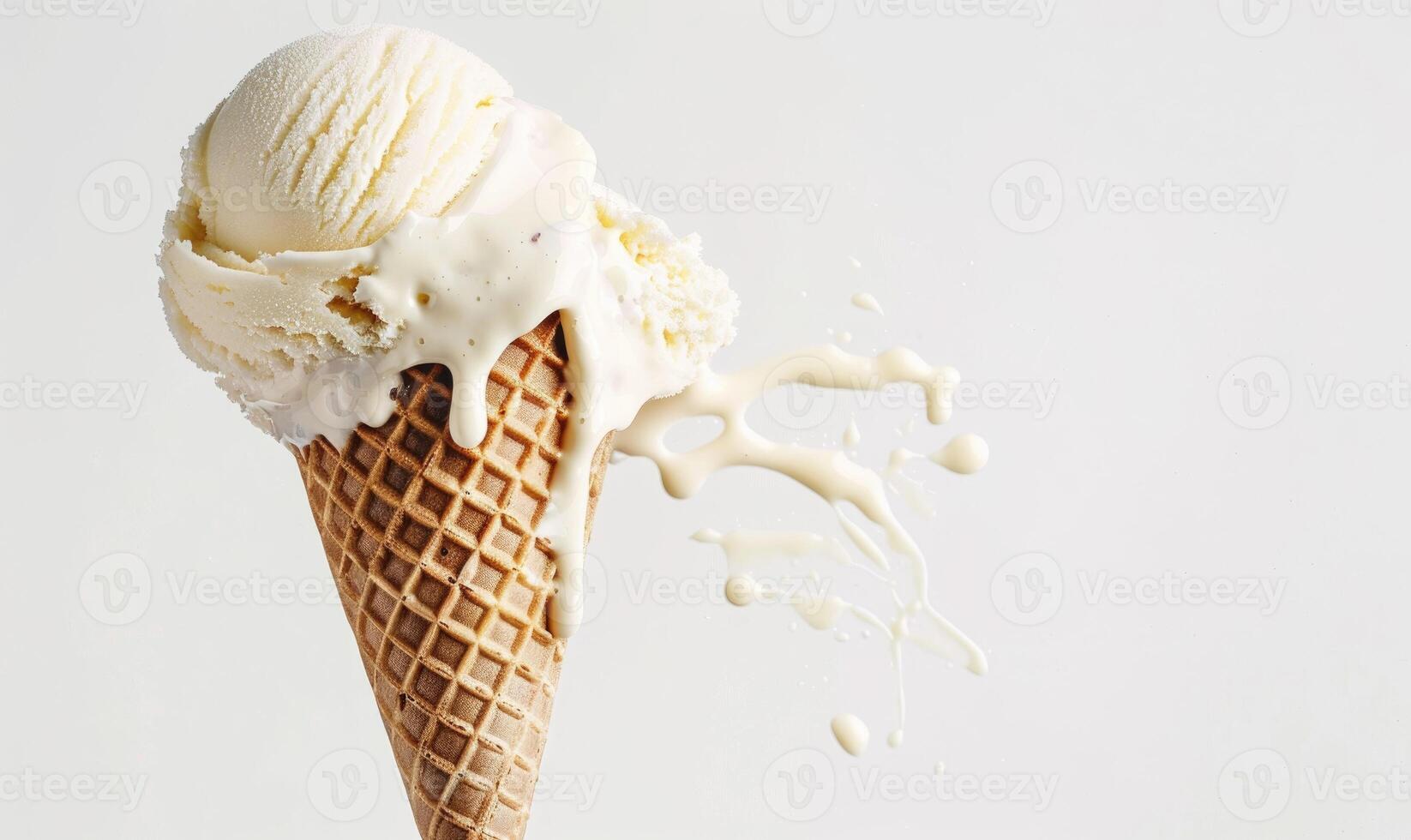 AI generated Melting ice cream cone on white background photo