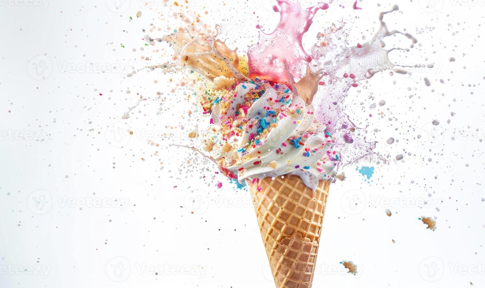 AI generated Ice cream cone explosion on white background photo