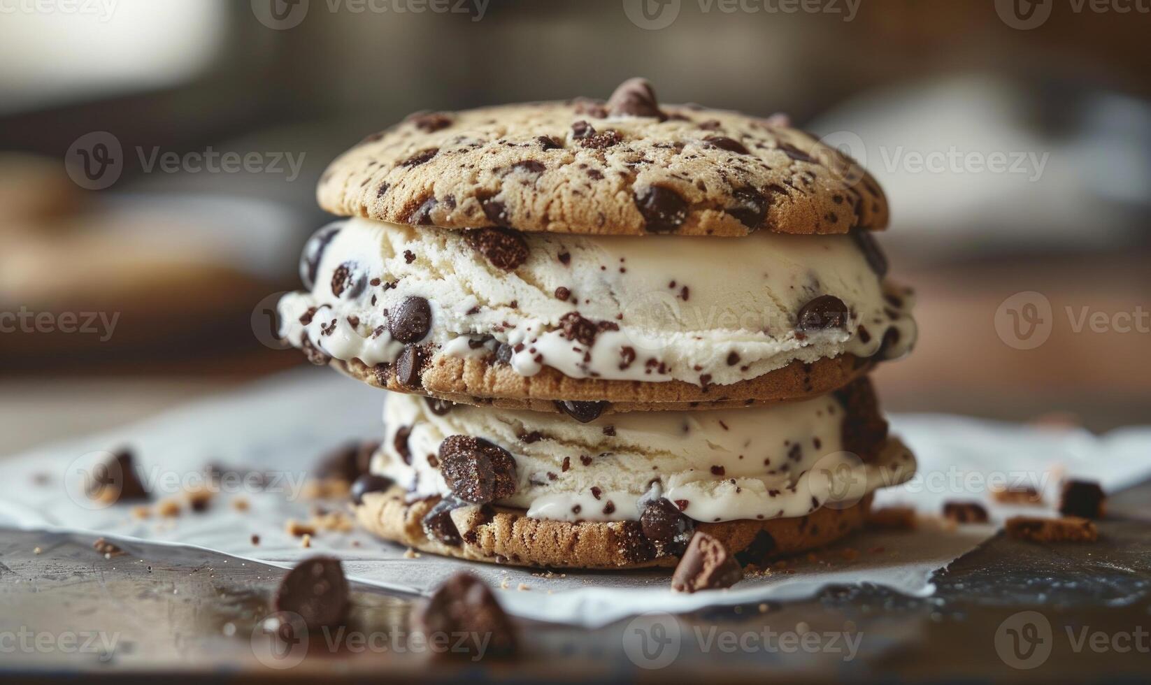 AI generated Ice cream sandwich with cookie crunch, closeup photo