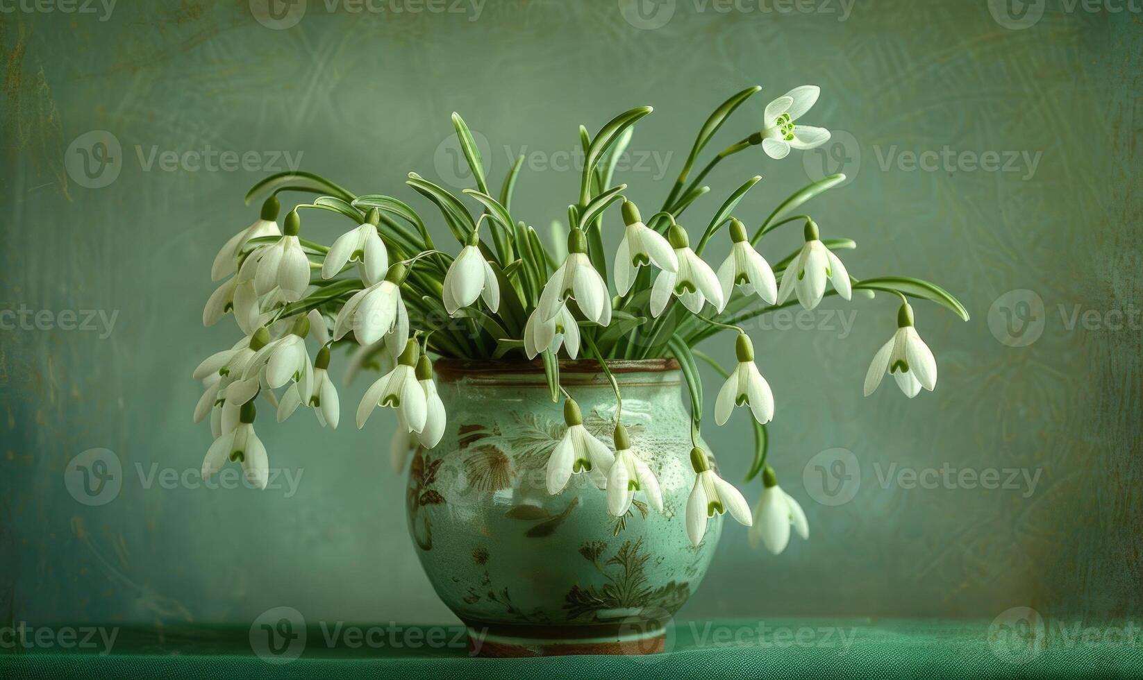 AI generated Snowdrops bouquet in a vintage vase photo