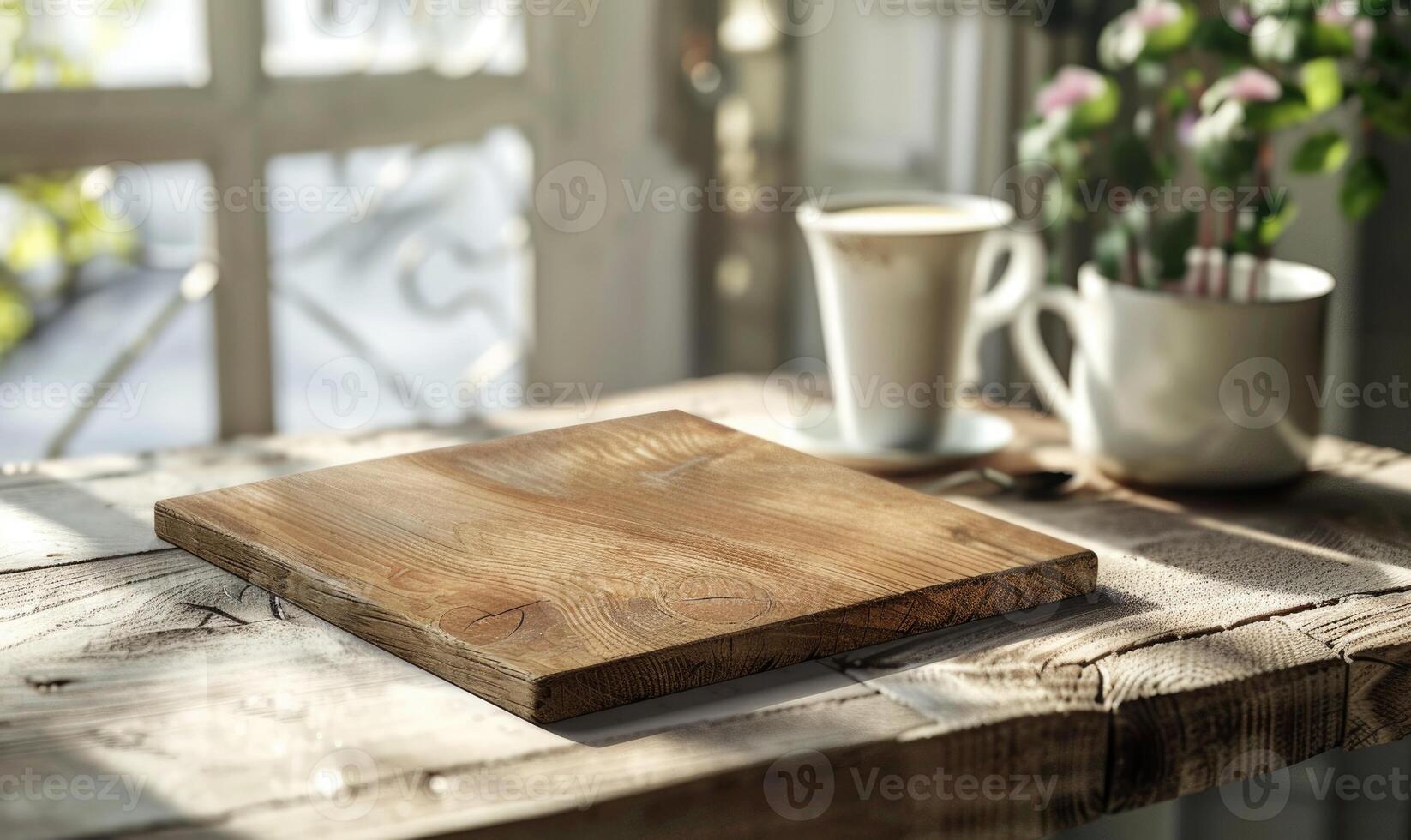 ai generado café taza en de madera mesa en café comercio, valores foto