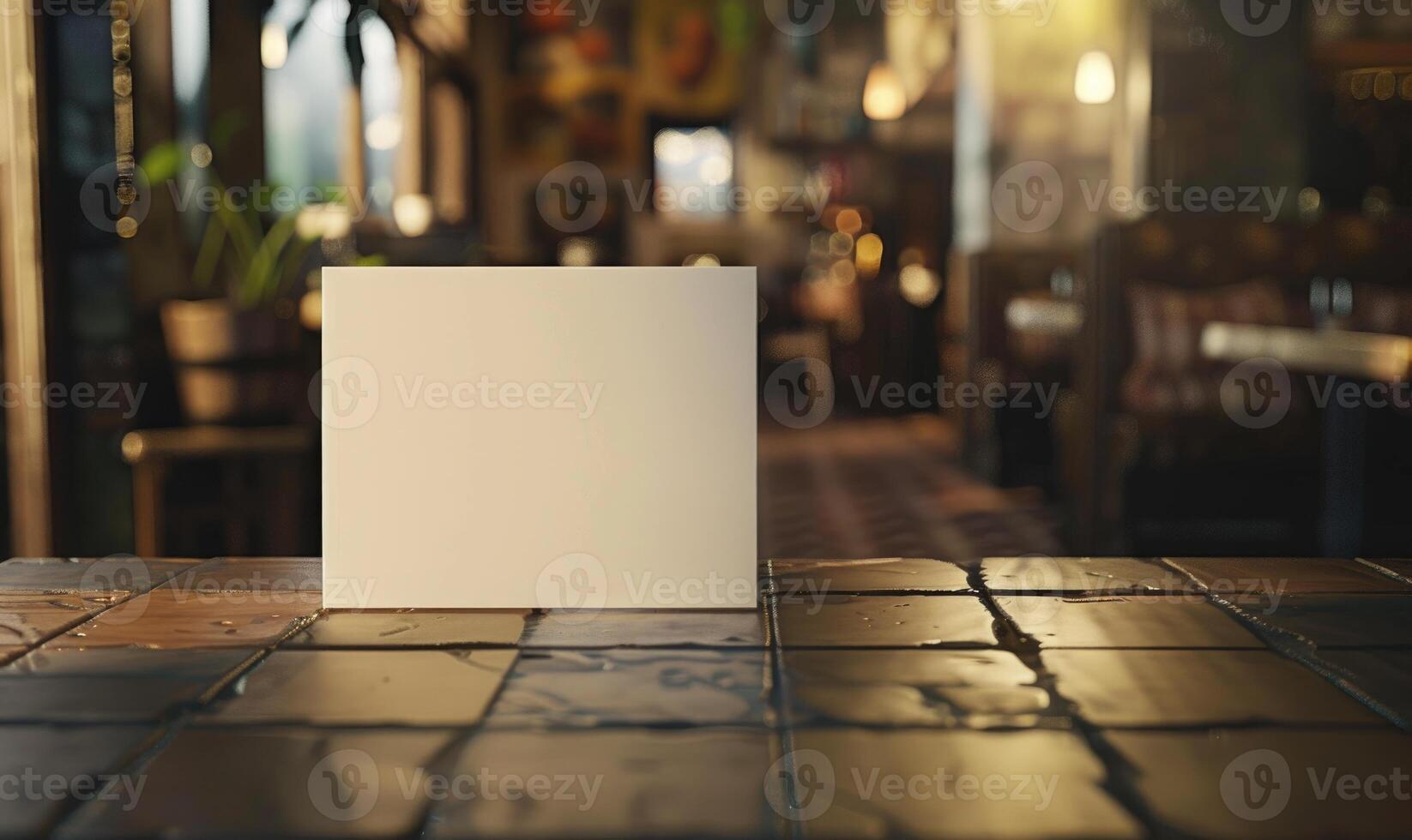 AI generated Blank frame on wooden table in cafe. Mockup for design photo