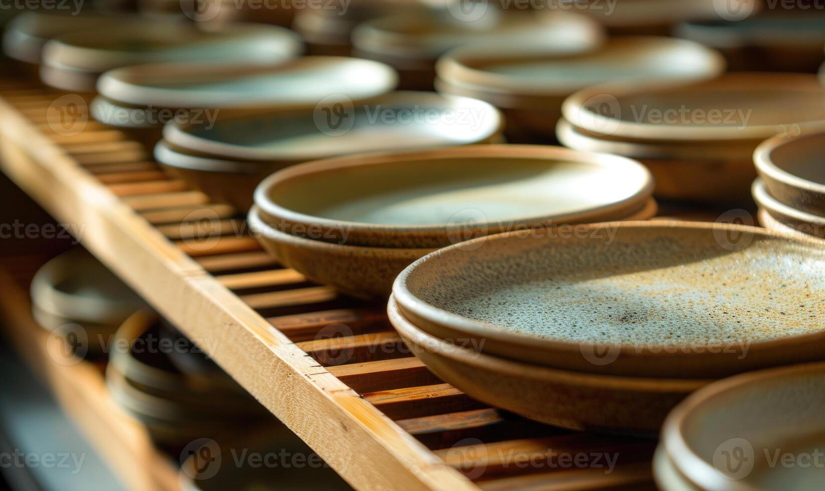 AI generated Ceramic tableware in a row. Selective focus. photo