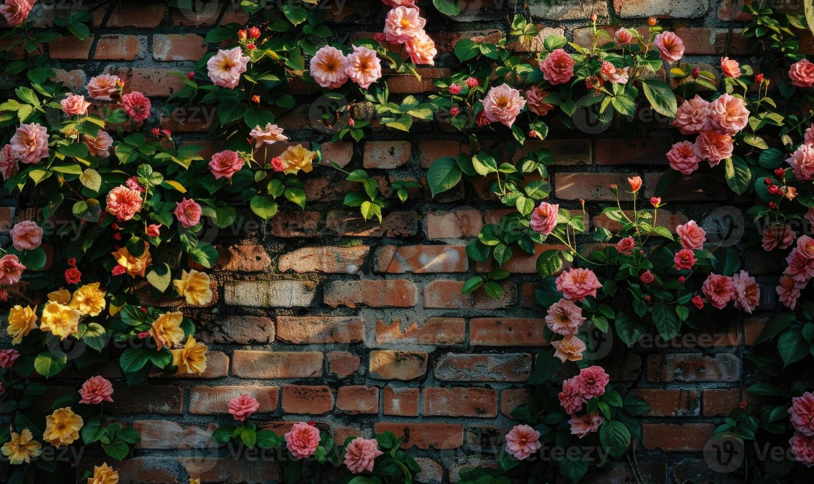 AI generated Colorful flowers in the garden with brick wall background, stock photo