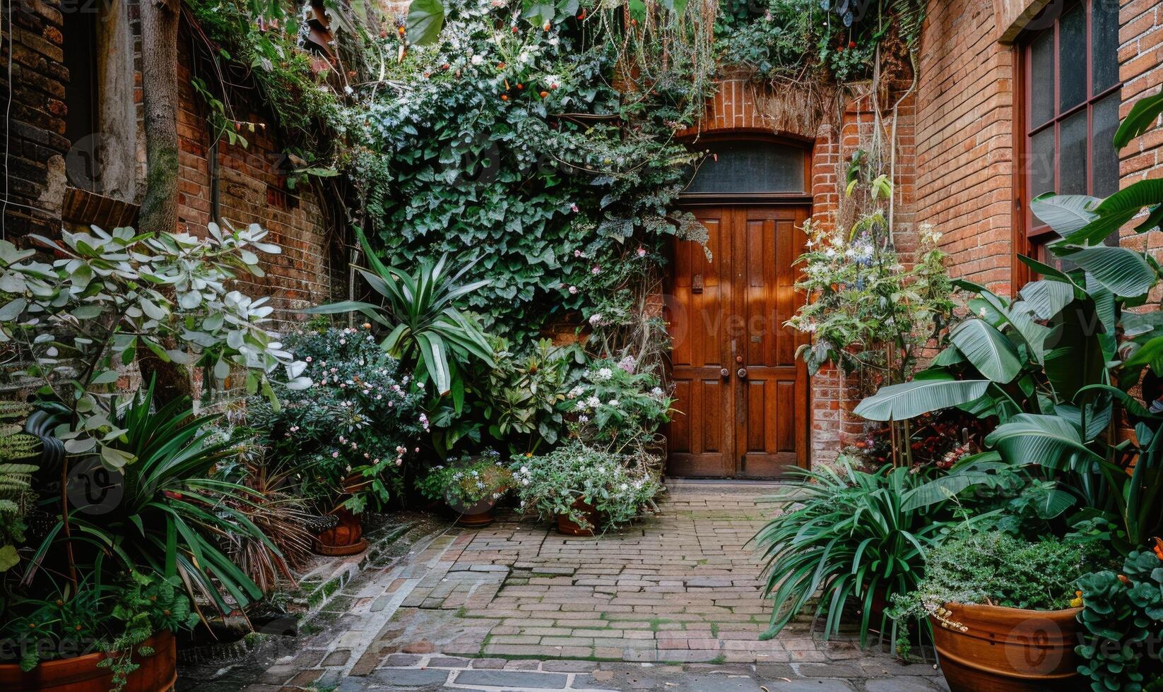 AI generated Wooden door in the courtyard of a house with plants and flowers photo