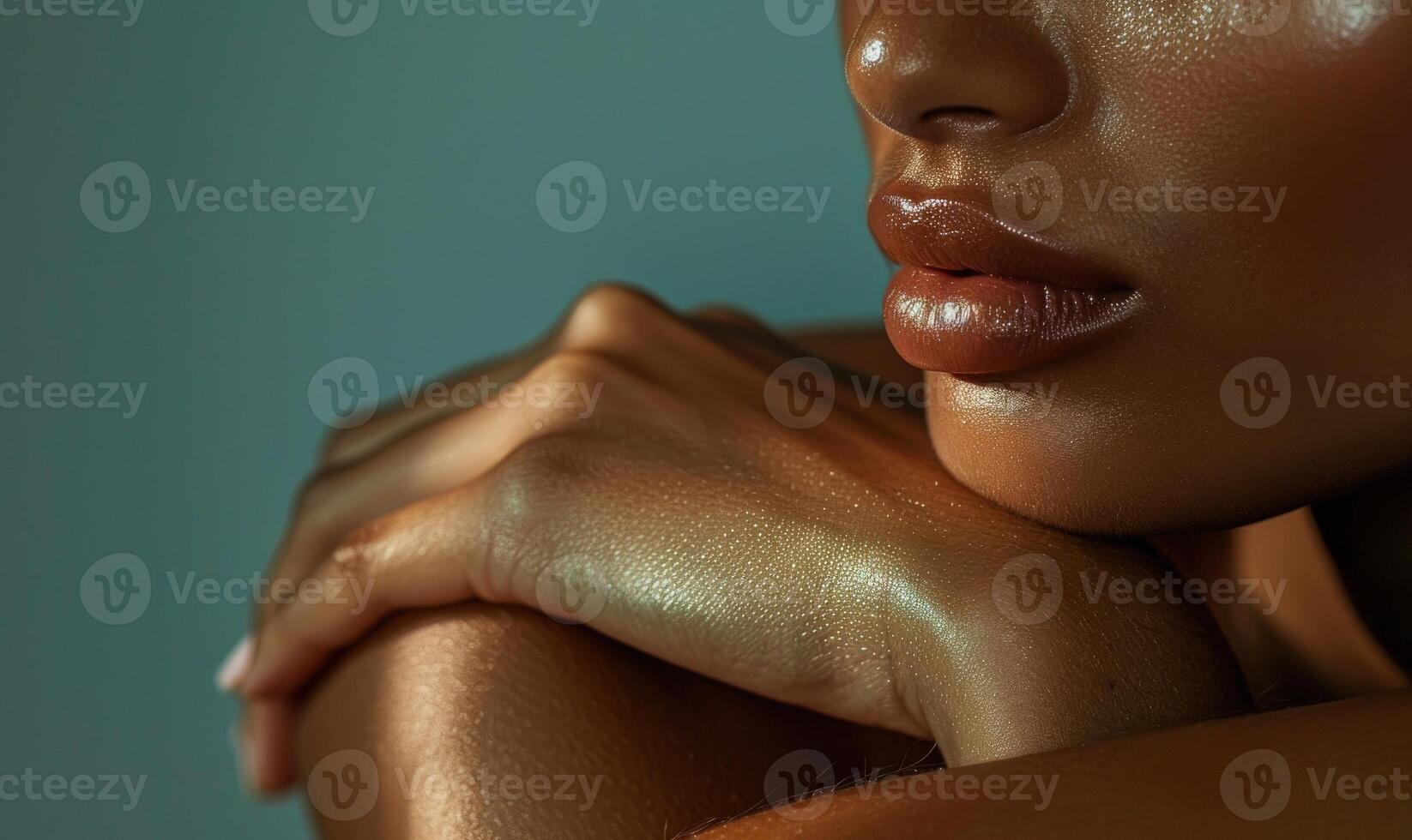 AI generated Closeup of wet female hands with wet skin on dark green background photo
