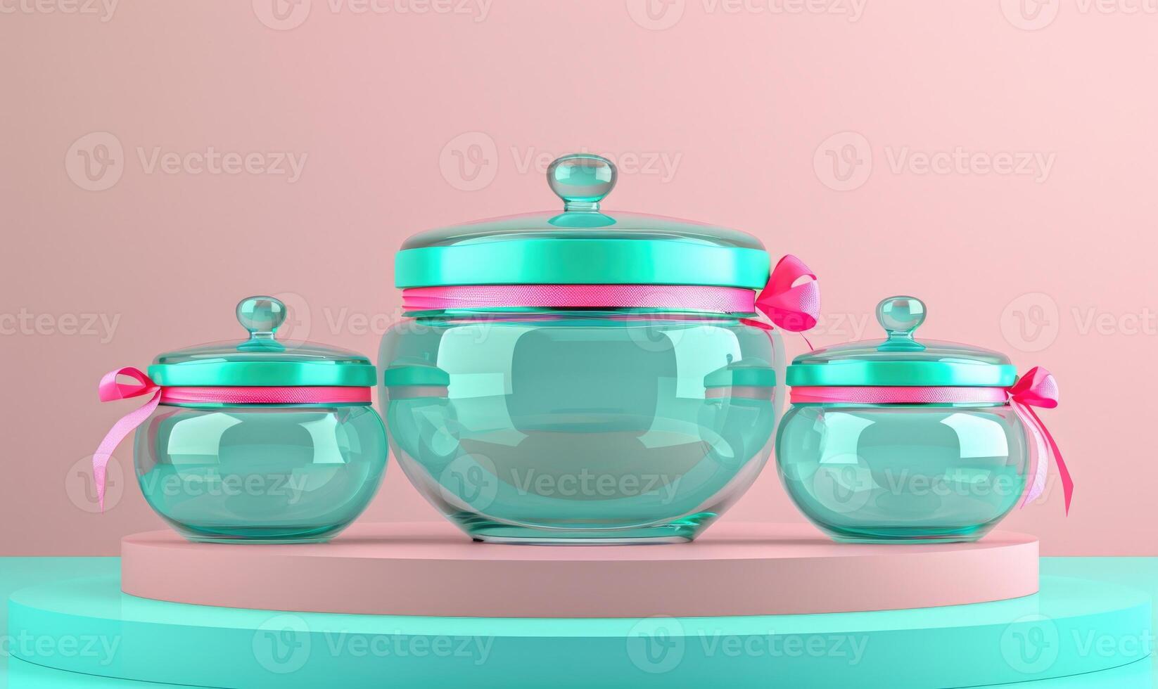 AI generated Mockup of glass jars with pink ribbons on pink background. Cosmetic product Mockup photo