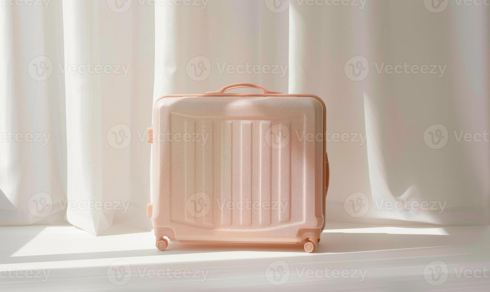 AI generated Pink travel suitcase on white background. Travel and vacation concept. Copy space photo