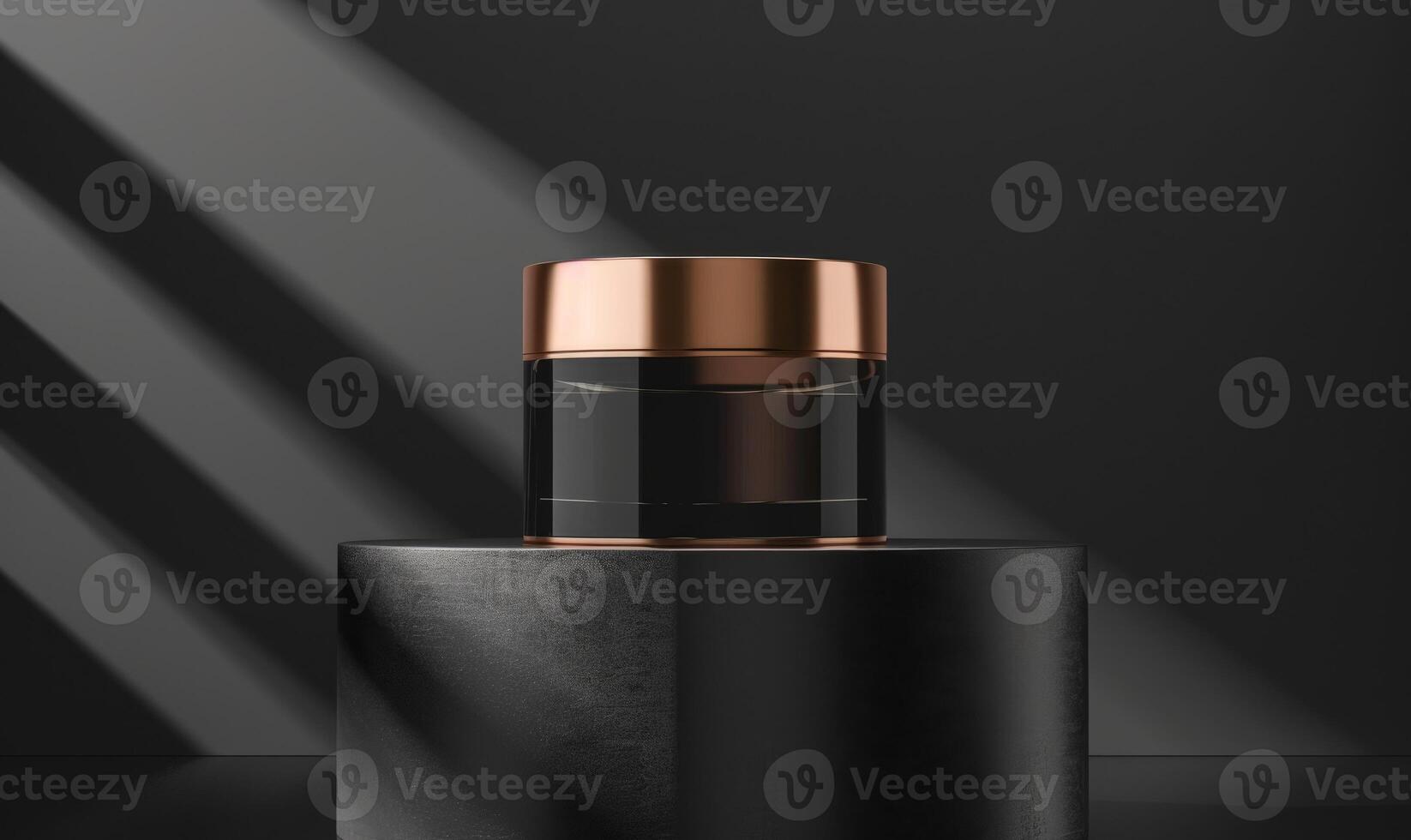 AI generated Mockup of golden cylinder on black background. Luxury podium for product presentation. photo