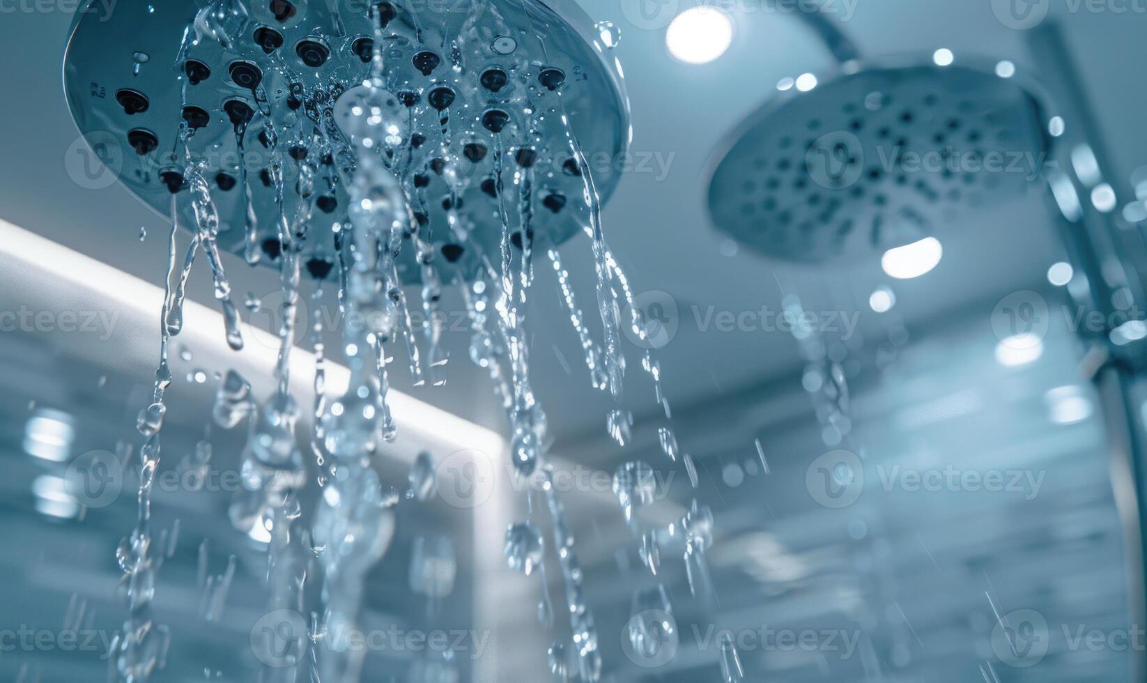 ai generado ducha cabeza con agua gotas en el baño. ducha cabeza con corriendo agua. foto