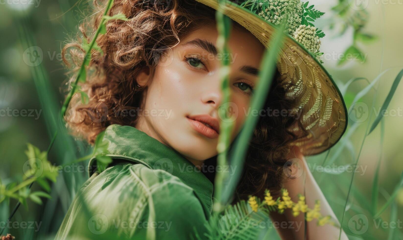 AI generated portrait of beautiful girl with floral wreath on head on green background photo