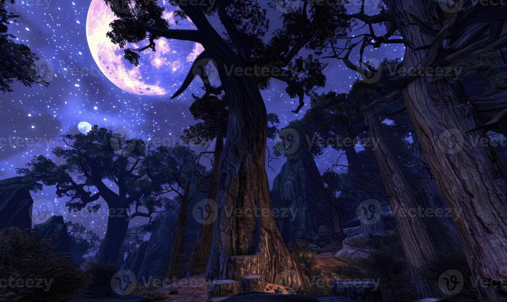 AI generated Mysterious dark forest with stars in the sky. Night forest with full moon and stars in the sky. photo