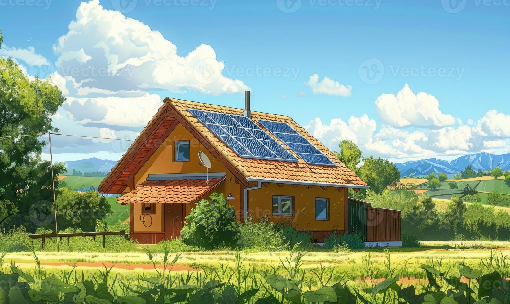 AI generated Solar panels on the roof of a country house. Illustration. photo