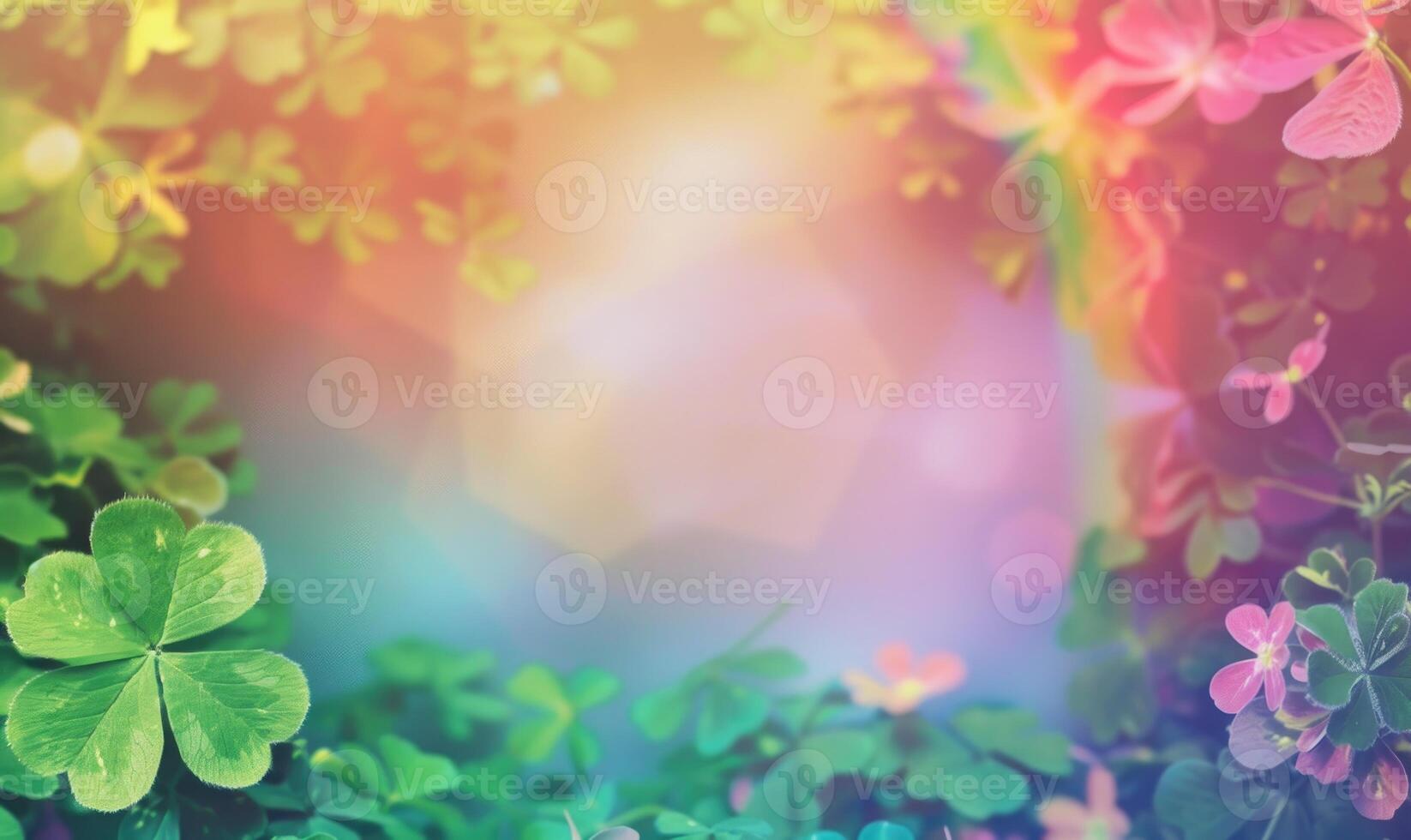 AI generated St. Patrick's Day background with clover leaves. Space for text. Card template. photo