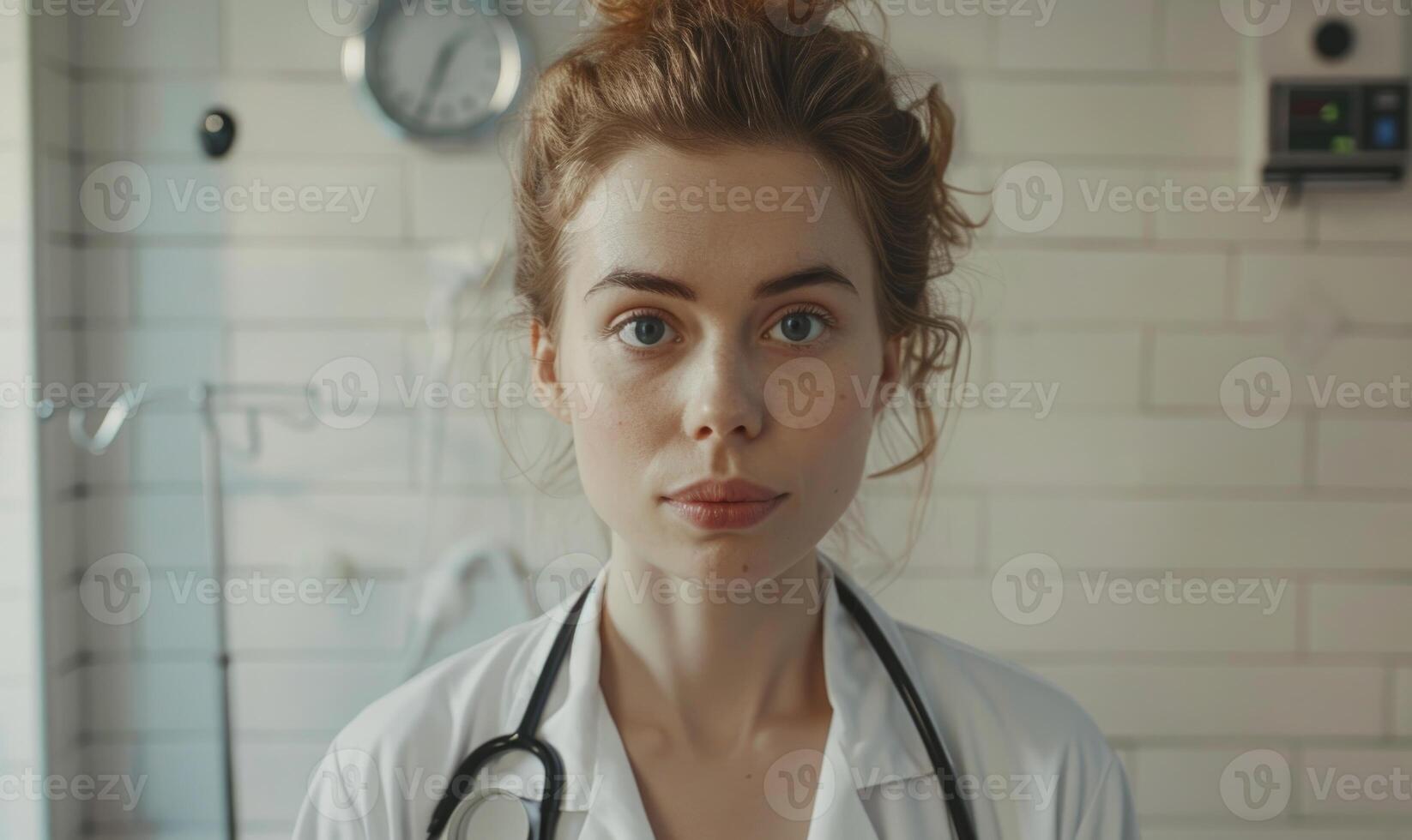 AI generated Portrait of young female doctor with stethoscope at hospital. photo