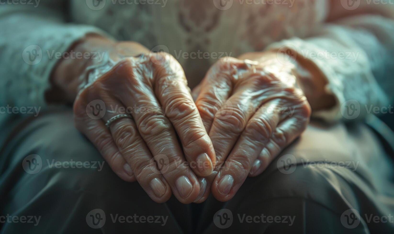 AI generated Close up of hands of an elderly woman holding her hands together. photo