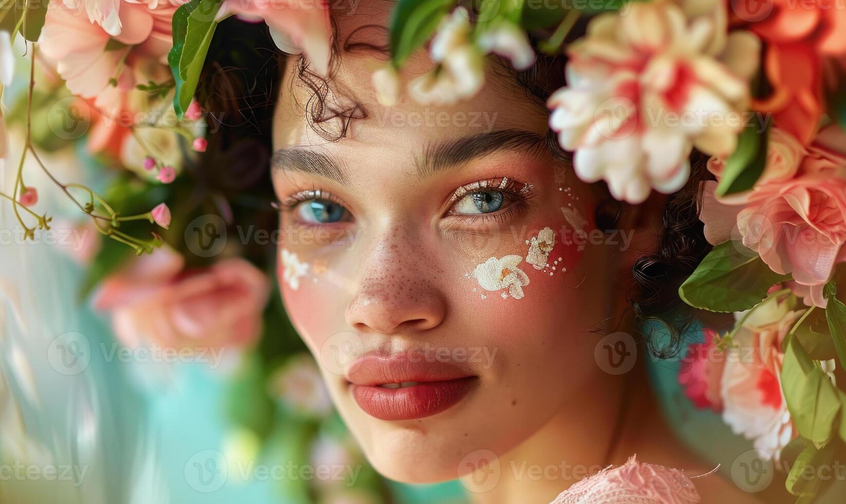 AI generated young woman in a spring flowers wreath, surrounded by floating petals or blossoms. photo