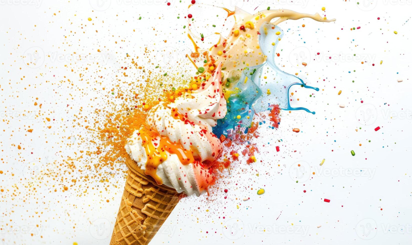 AI generated Ice cream cone explosion on white background photo