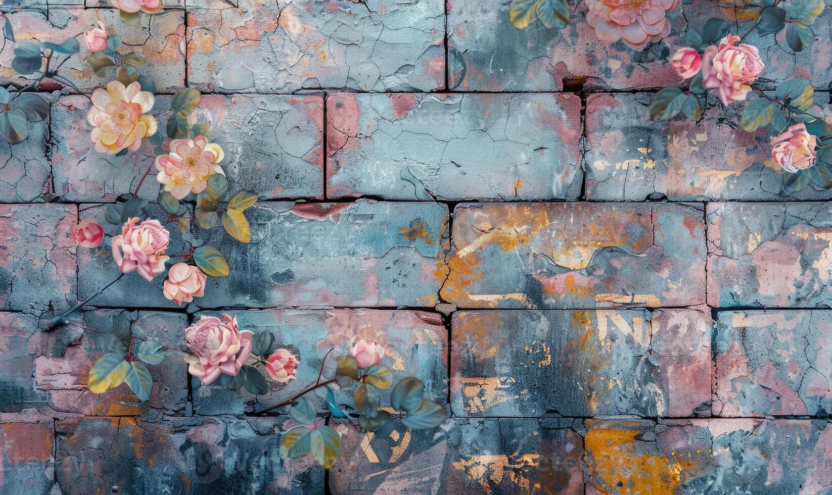 AI generated Pink roses on old white brick wall background with grunge texture. Copy space for text. photo