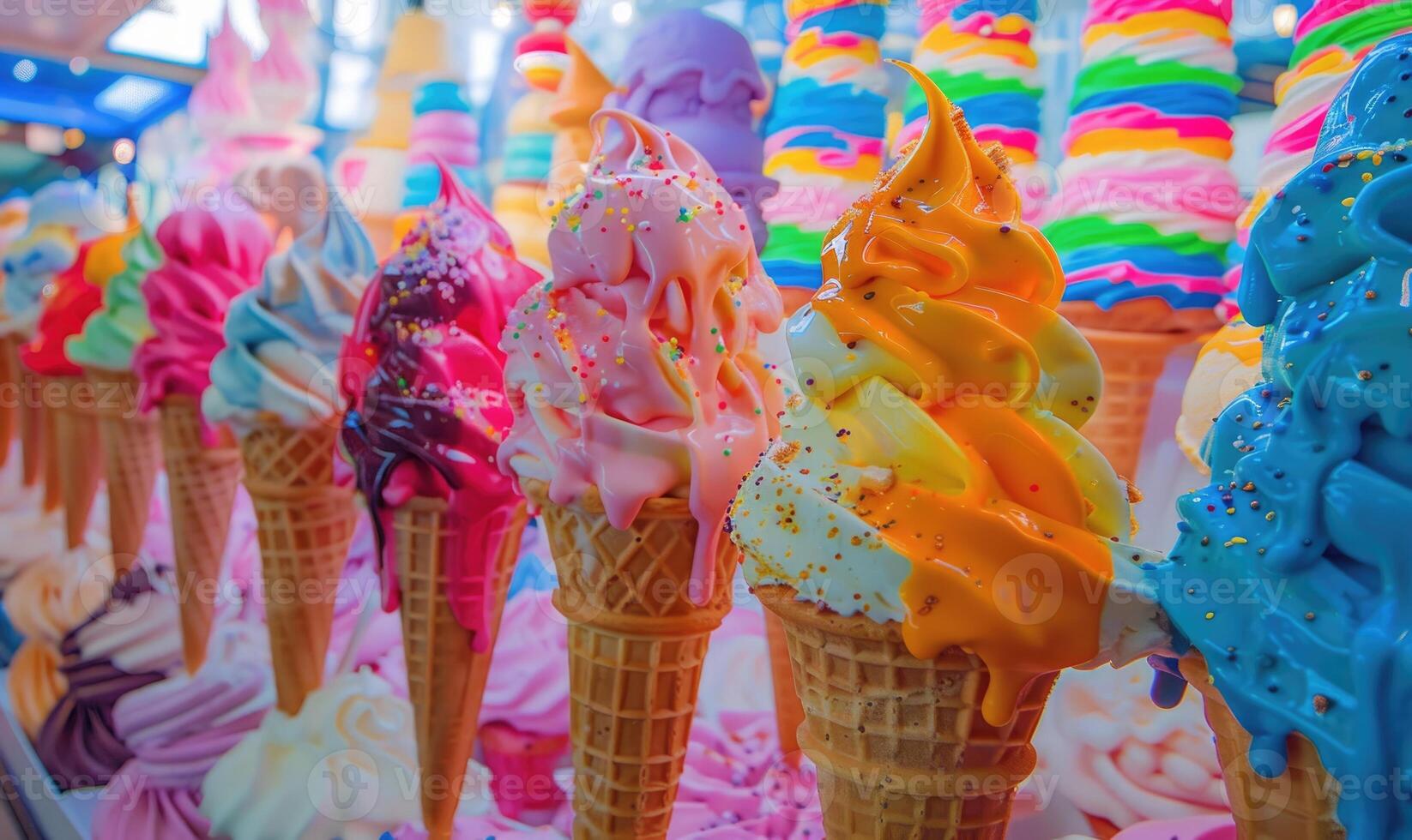 AI generated Colorful assortment of ice cream cones on the shop showcase. Colorful ice cream background photo