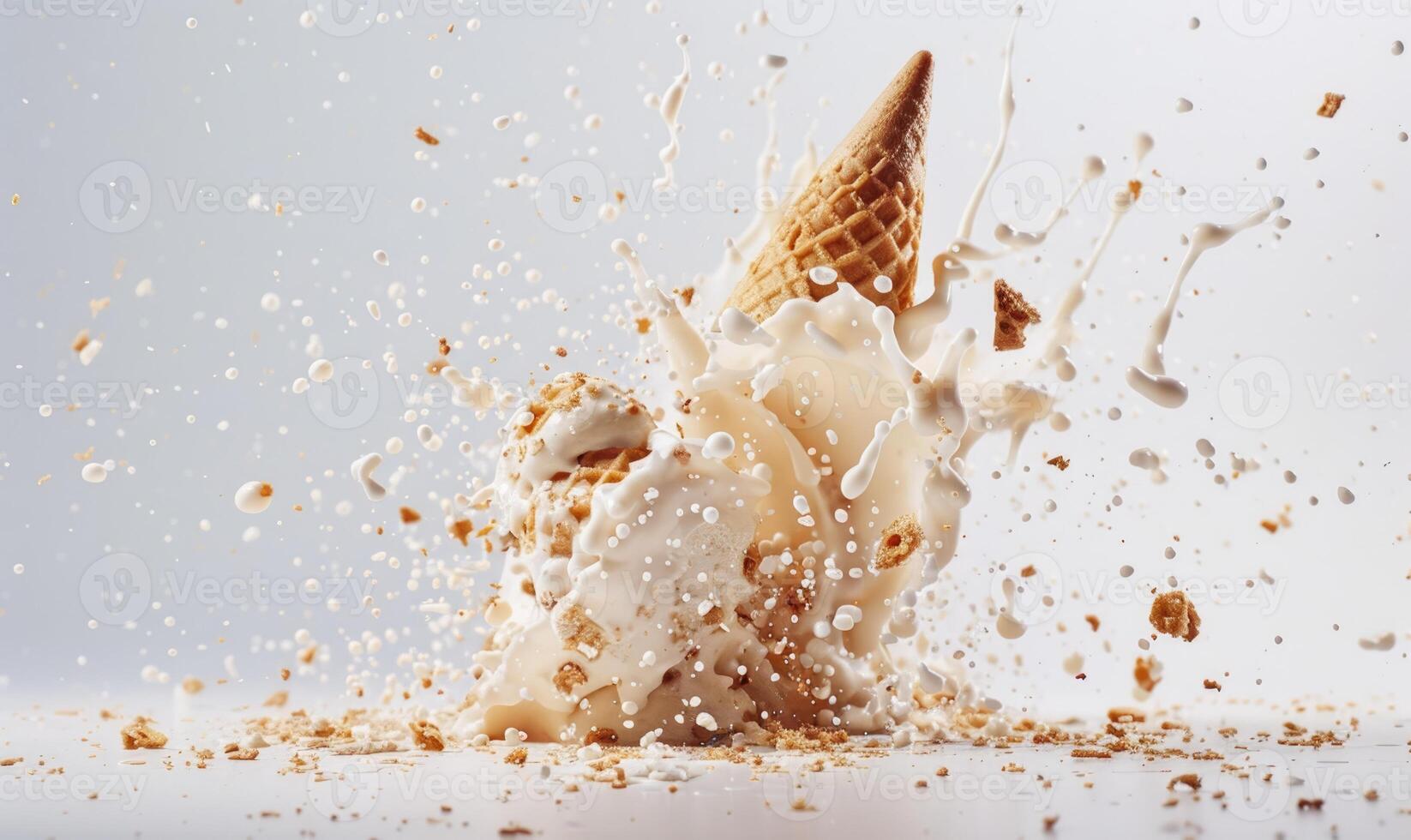 AI generated Ice cream cone explosion on white background photo