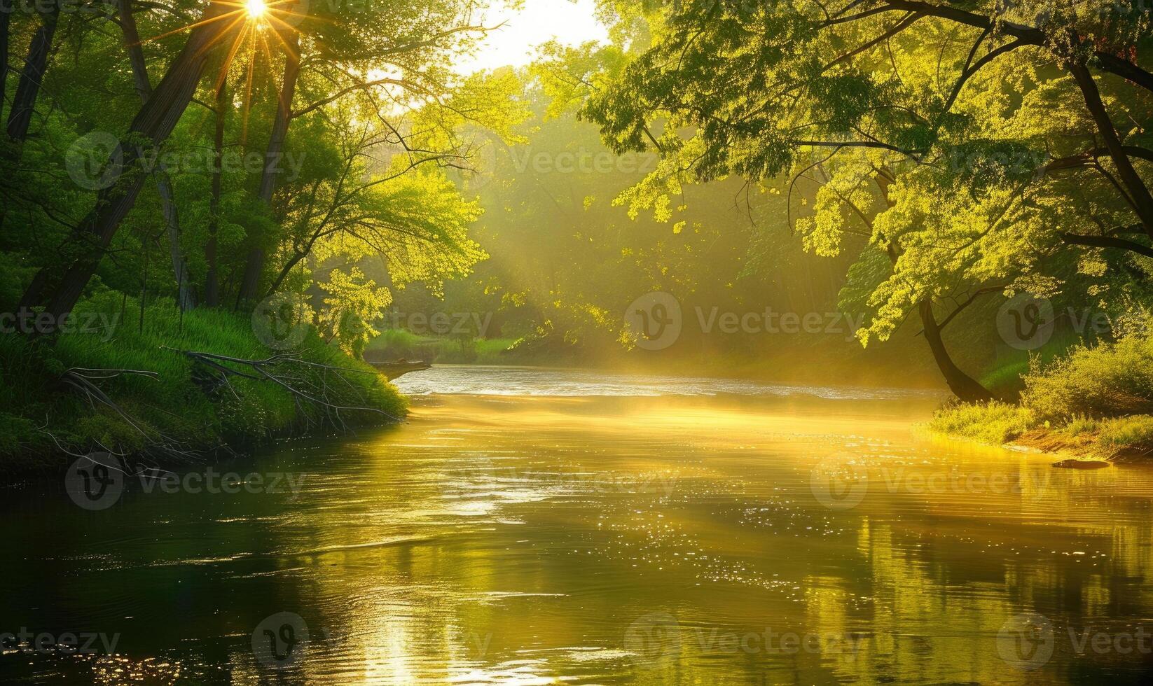 AI generated Sunlight filtering through the trees onto a serene spring river photo