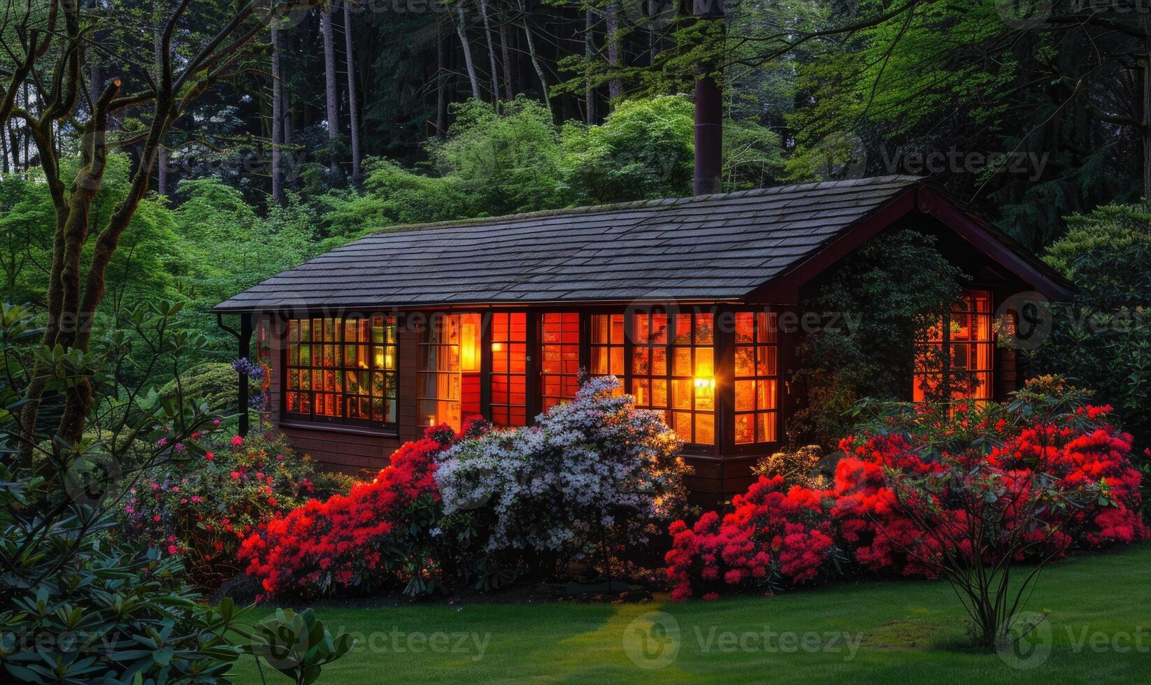 AI generated Evening glow illuminating the facade of a stylish wooden cabin nestled among blooming azaleas and rhododendrons in a spring garden photo