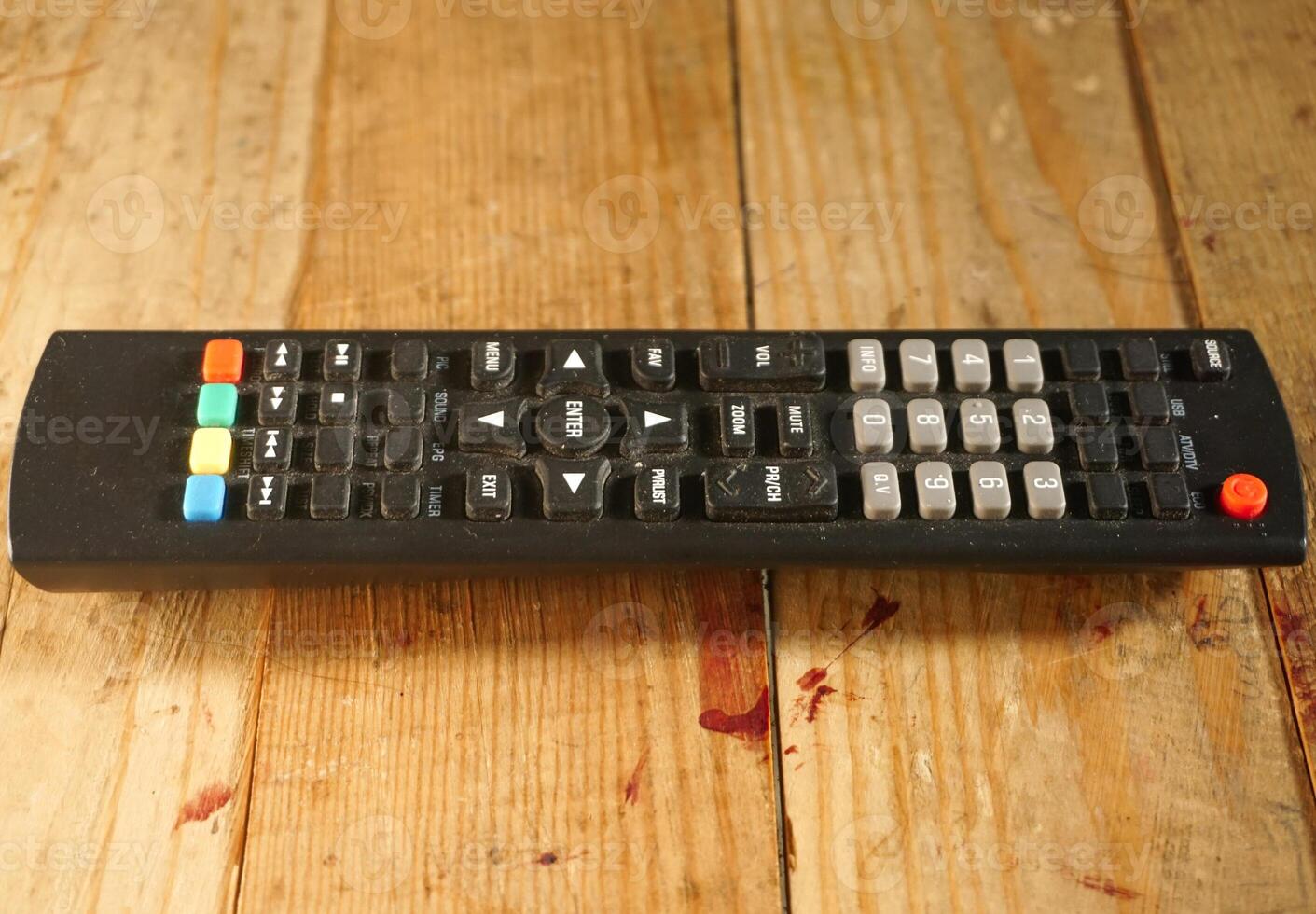 TV remote in photo with natural wood background