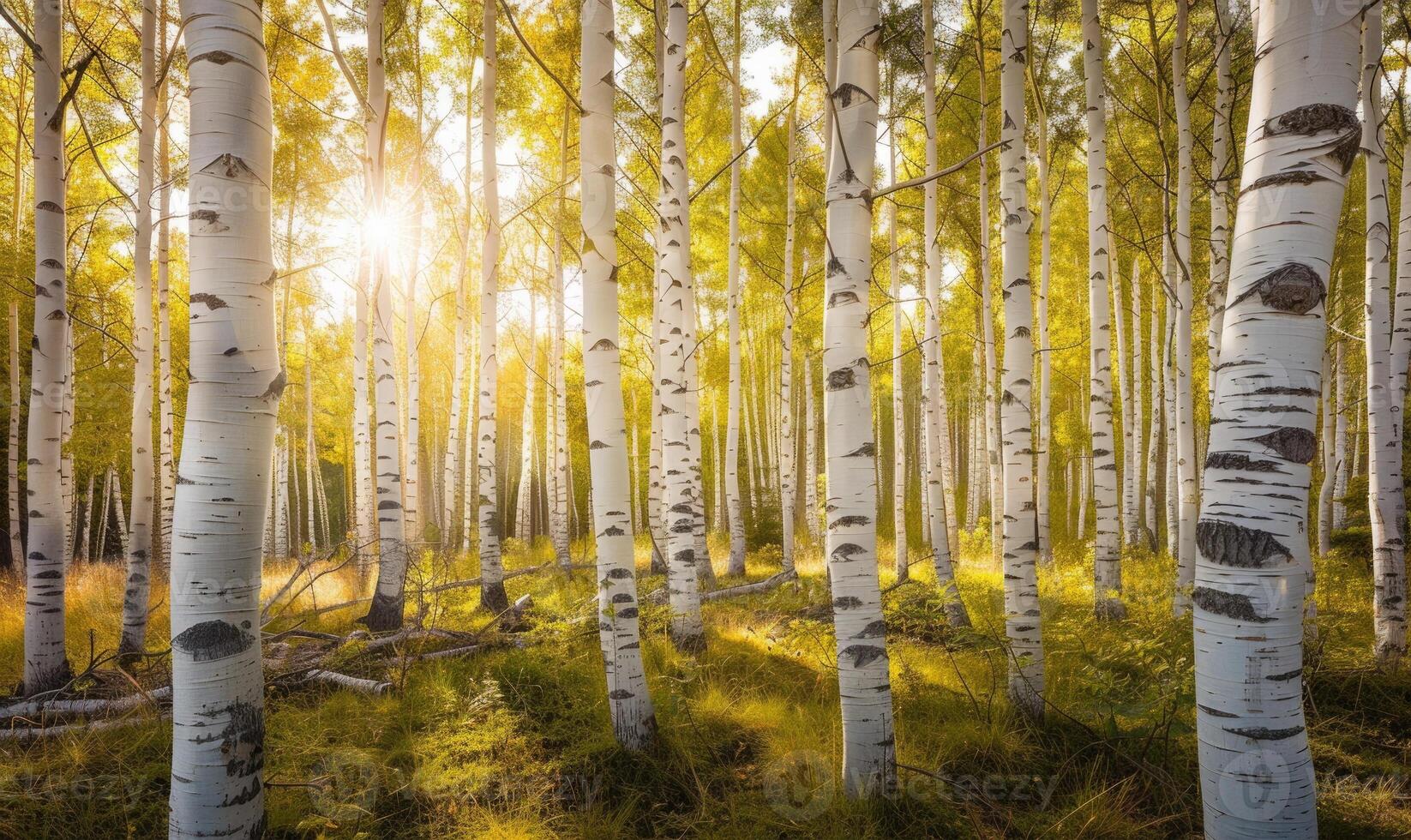 ai generado abedul bosque en luz de sol en el mañana, suave enfocar. foto