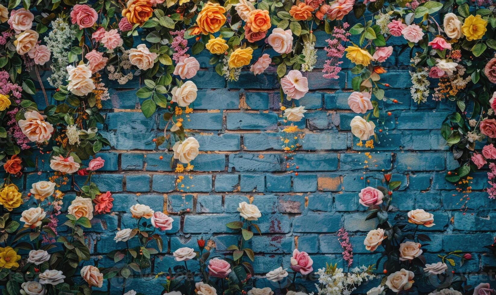 AI generated Colorful roses on blue brick wall, vintage color tone style. photo