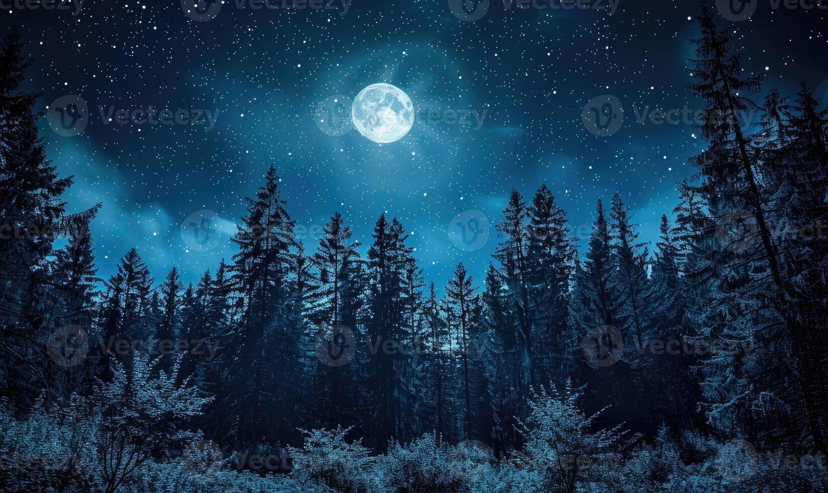 AI generated Mysterious dark forest with stars in the sky. Night forest with full moon and stars in the sky. photo