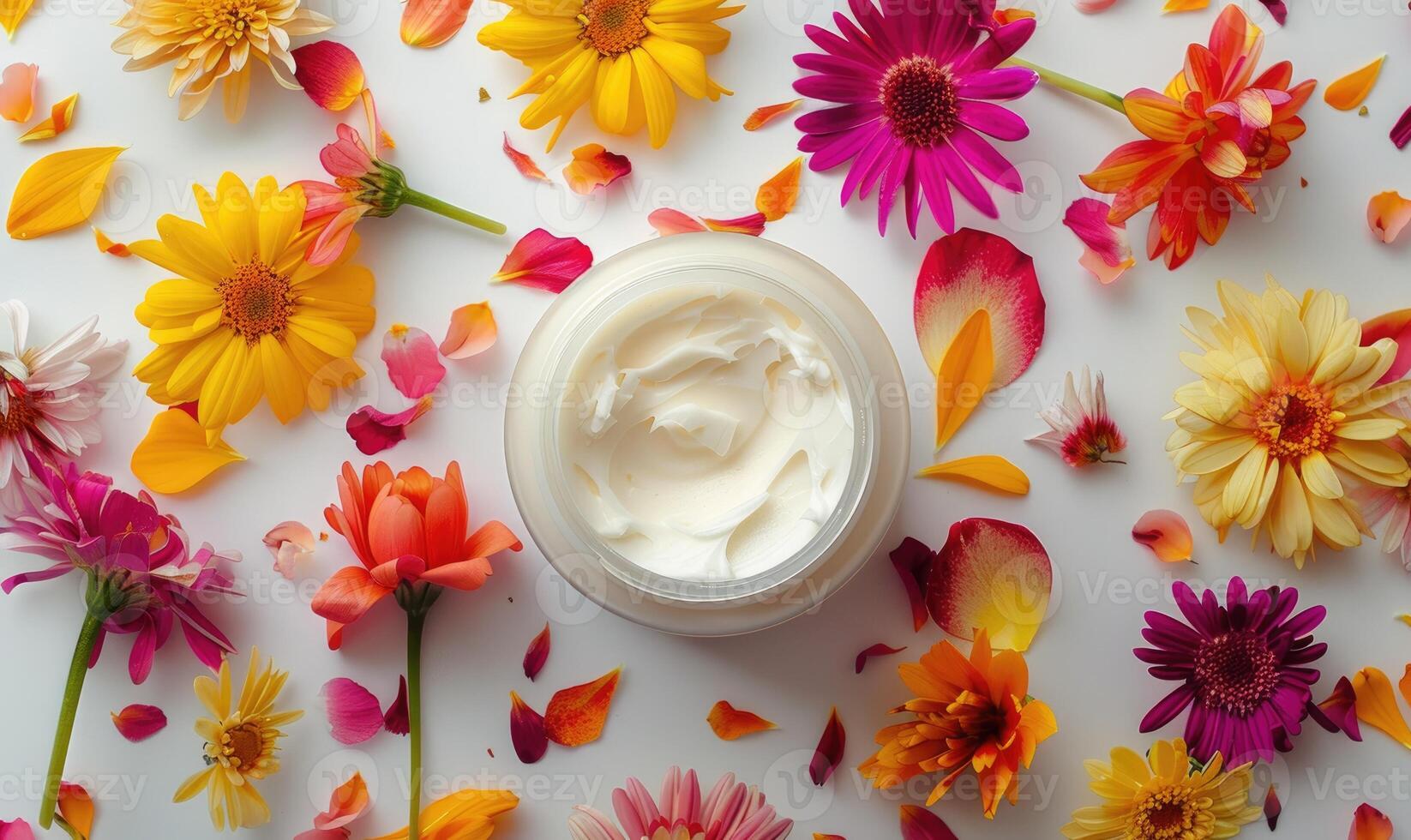 AI generated Creme jar blank mockup adorned with flower petals in various hues photo