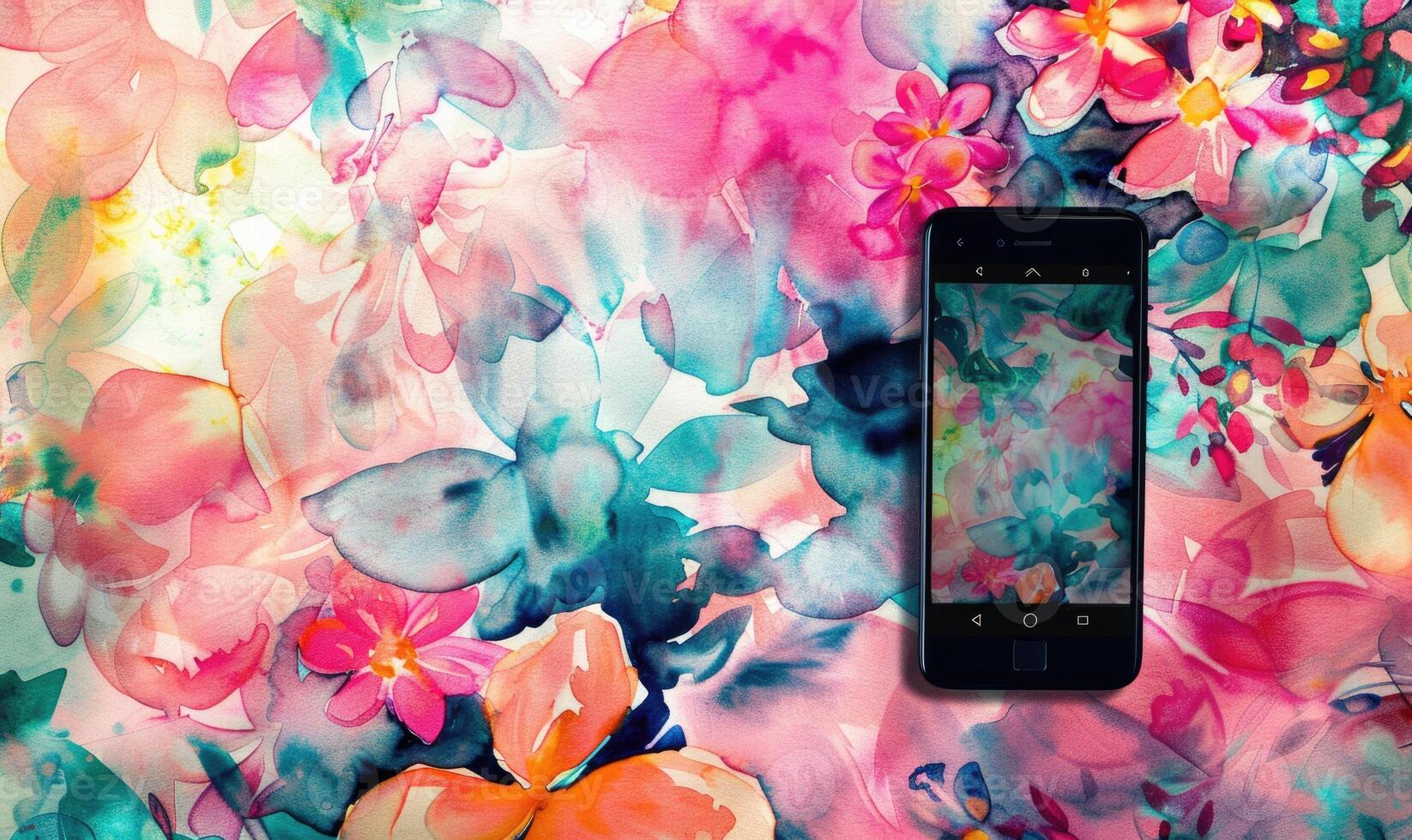 AI generated Artistic smartphone mockup against a vibrant watercolor floral seamless background photo