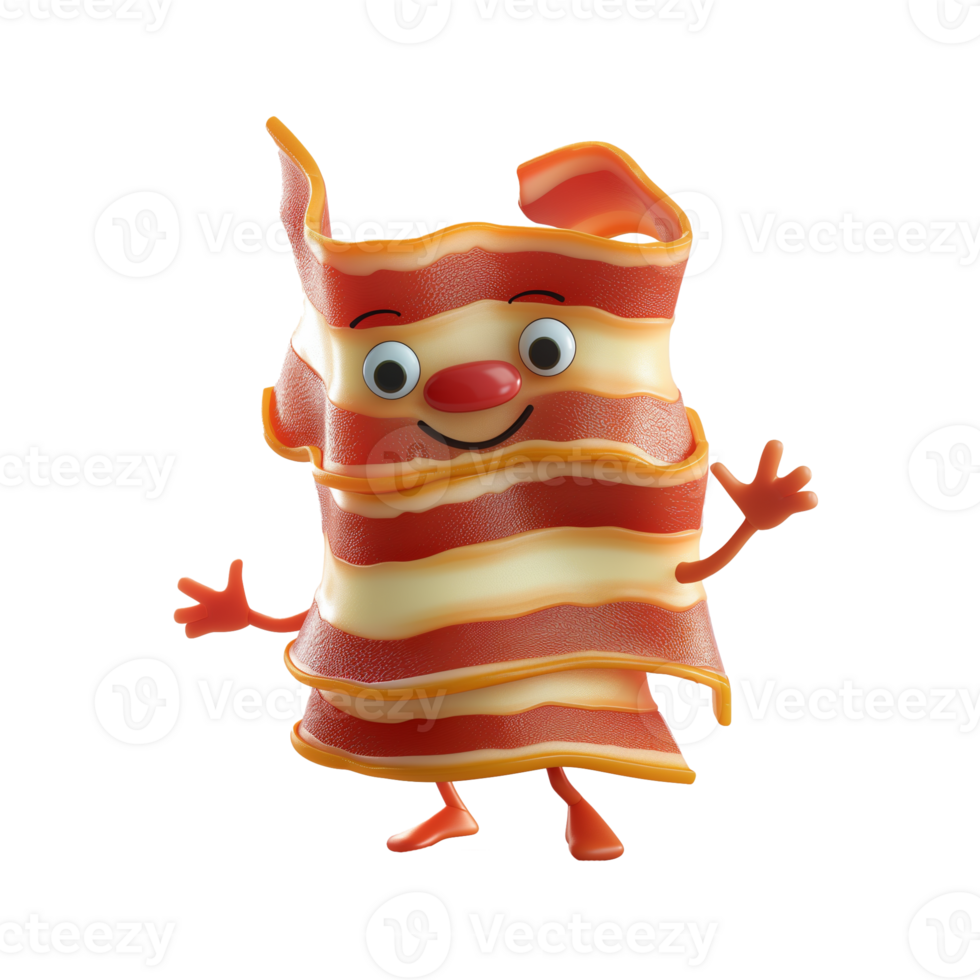AI generated Animated smiling bacon character with waving hands, isolated on a transparent background, ideal for breakfast food concept and culinary designs png