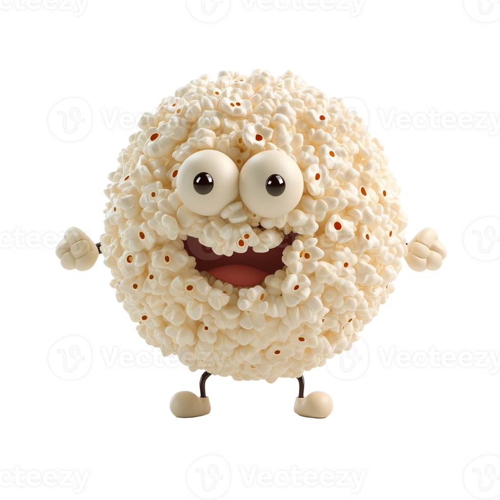 AI generated 3D cartoon popcorn character isolated on transparent background, ideal for movie related concepts and snack promotions png