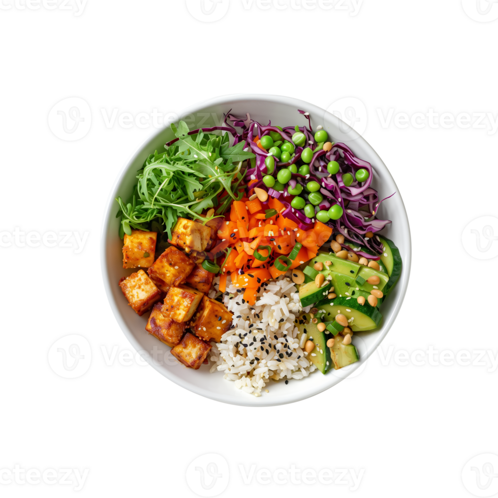 AI generated Healthy vegan poke bowl with tofu, avocado, rice, carrot, cucumber, red cabbage, and edamame isolated on a transparent background, suitable for clean eating and nutrition concepts png