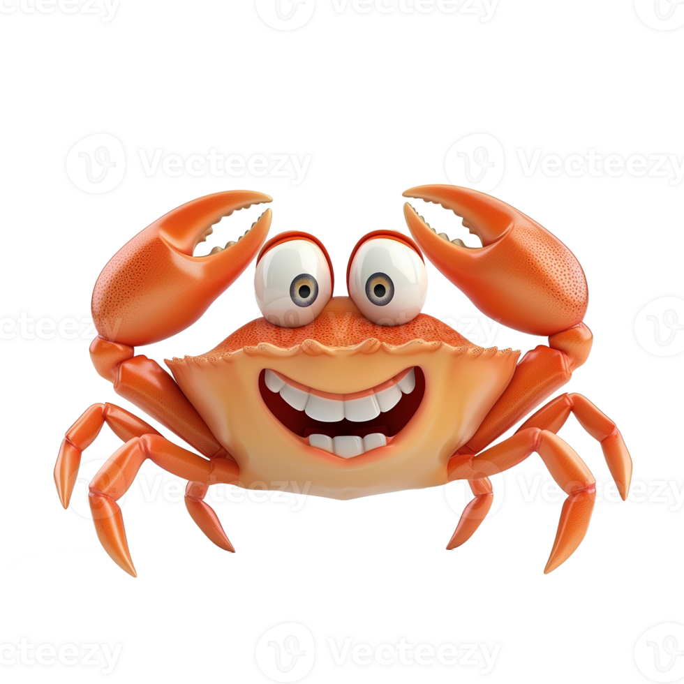 AI generated 3D cartoon crab character with a cheerful expression, isolated on a transparent background, ideal for seaside or marine themed designs and summer vacation concepts png