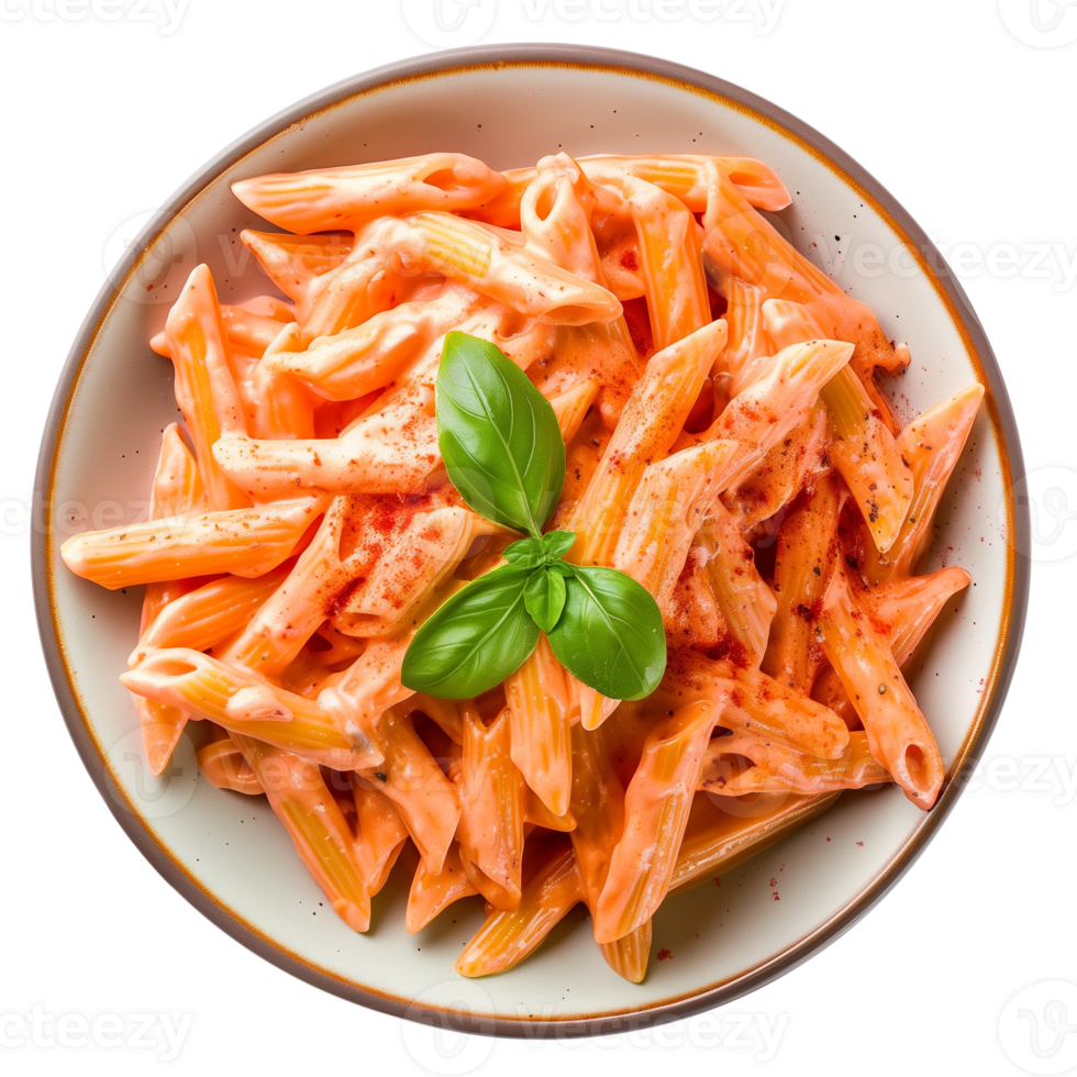 AI generated Plate of creamy penne pasta with tomato sauce and basil leaf garnish, isolated on a transparent background, representing Italian cuisine png