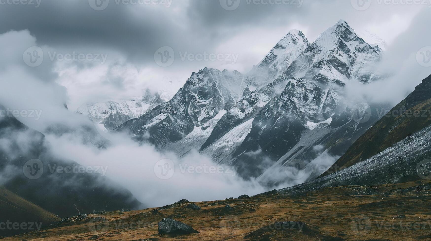 AI Generated Majestic Mountain Range Dancing With the Clouds photo