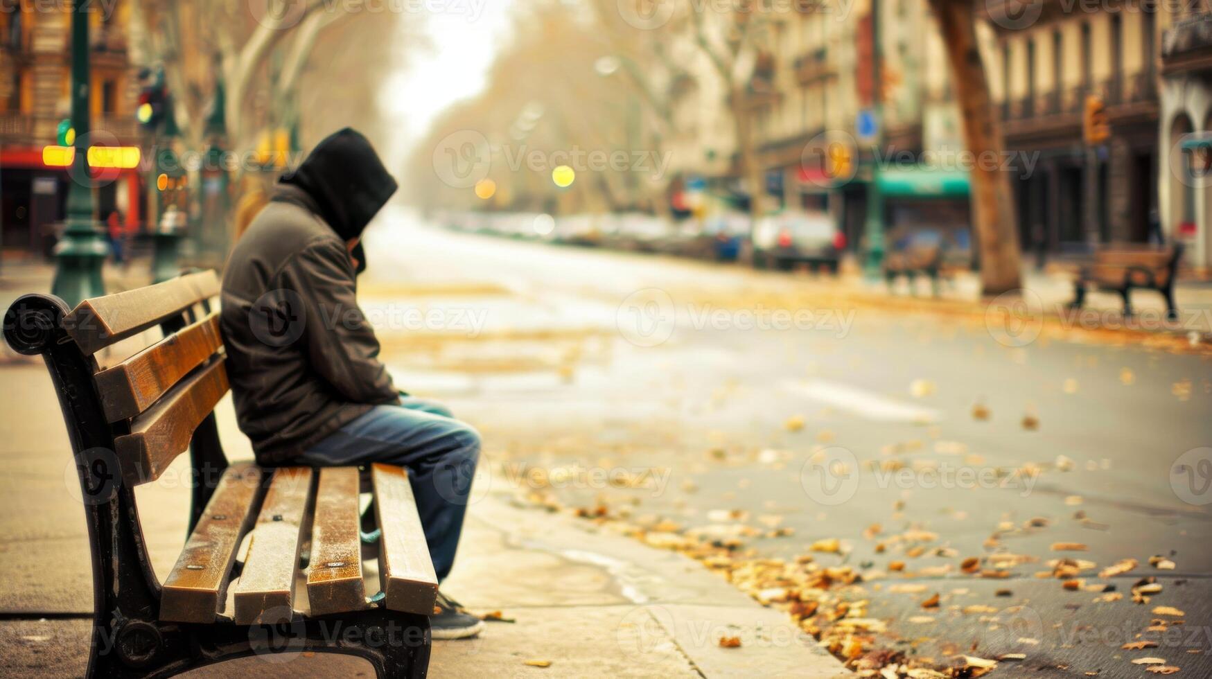 AI generated Unemployed Man Sitting on Bench, Head Bowed Down in Empty City Square. Deserted Streets, Somber Mood, Copy Space photo