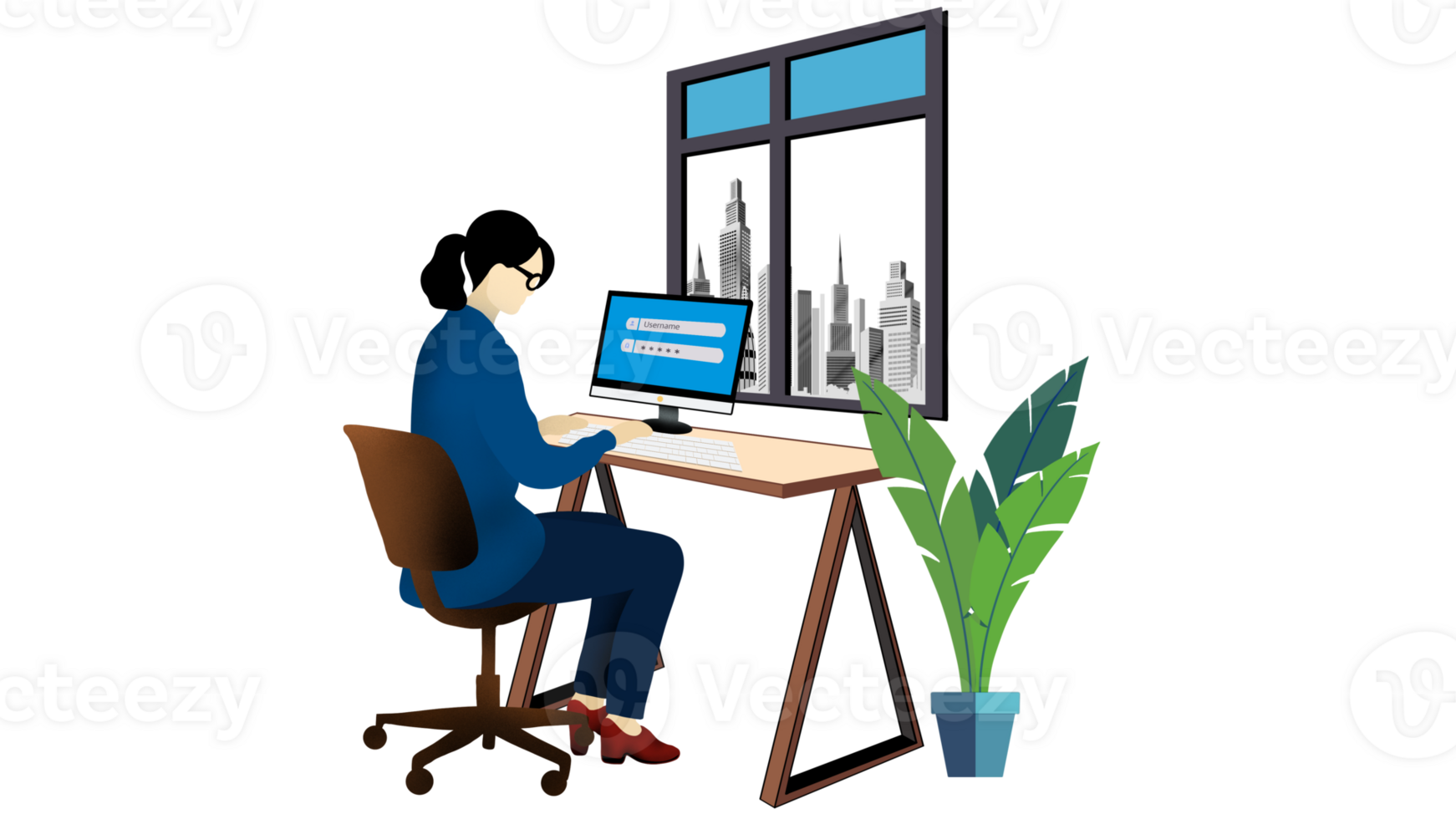 Businesswoman working from home, Freelance entrepreneur woman, woman work from home during corona virus, Animation of a girl working from home at a desk, Woman communicate, workplace with computer png