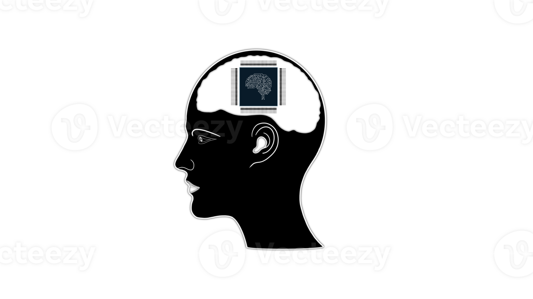Human brain and computer chip, Head with implanted micro chip. Brain-computer interface to connect human brains with external smart devices via implantable brain processors png