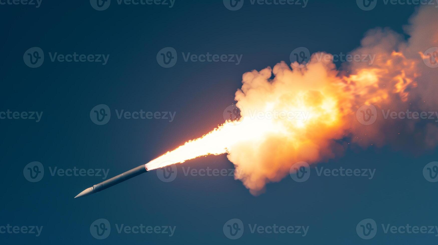 AI generated A missile speeds through the sky. It creates a large cloud of smoke and fire. It is on a deadly course. It is an intense moment. photo
