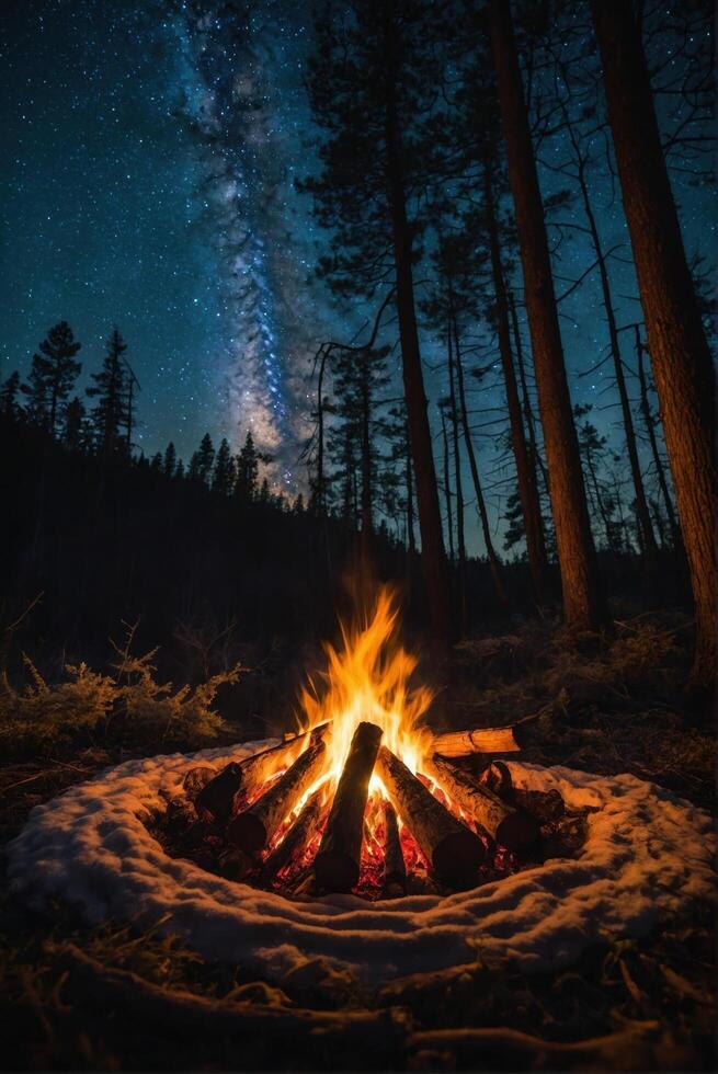 AI generated Bonfire in the night forest photo