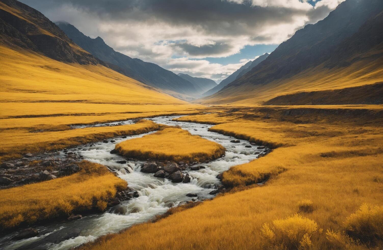 ai generado río en un montaña Valle foto