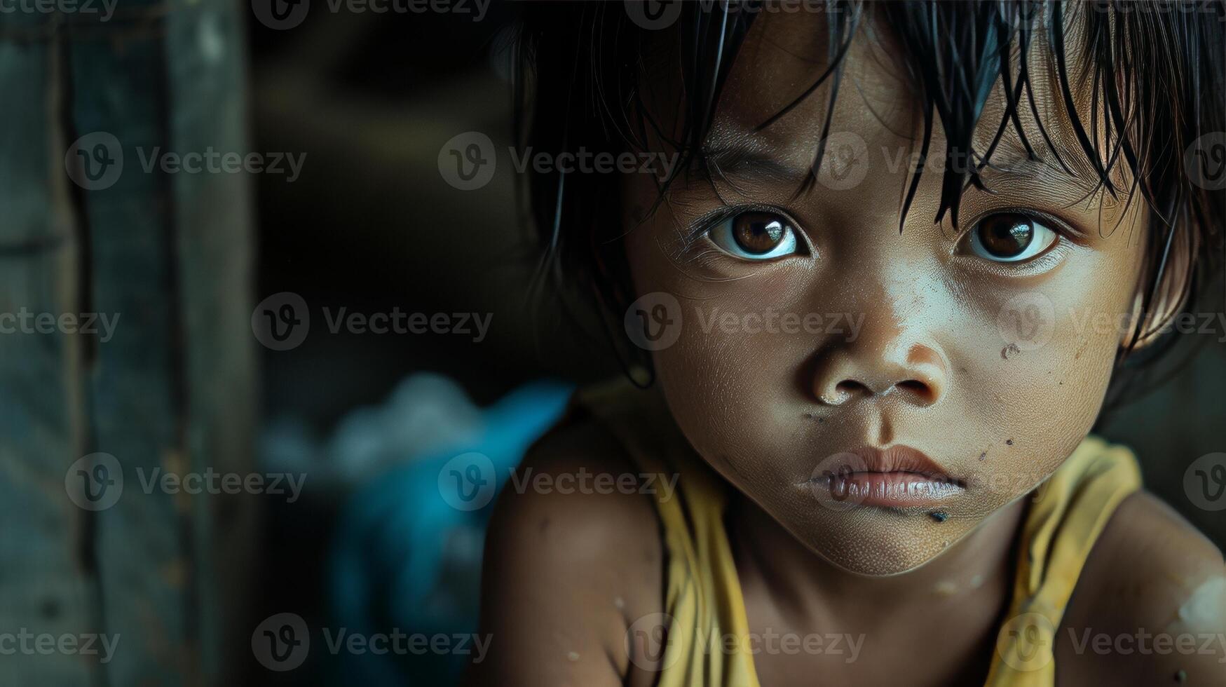 AI generated Boy empty look towards a far-off place, dreaming of simple meals, reflecting the harsh reality of war on the young. photo