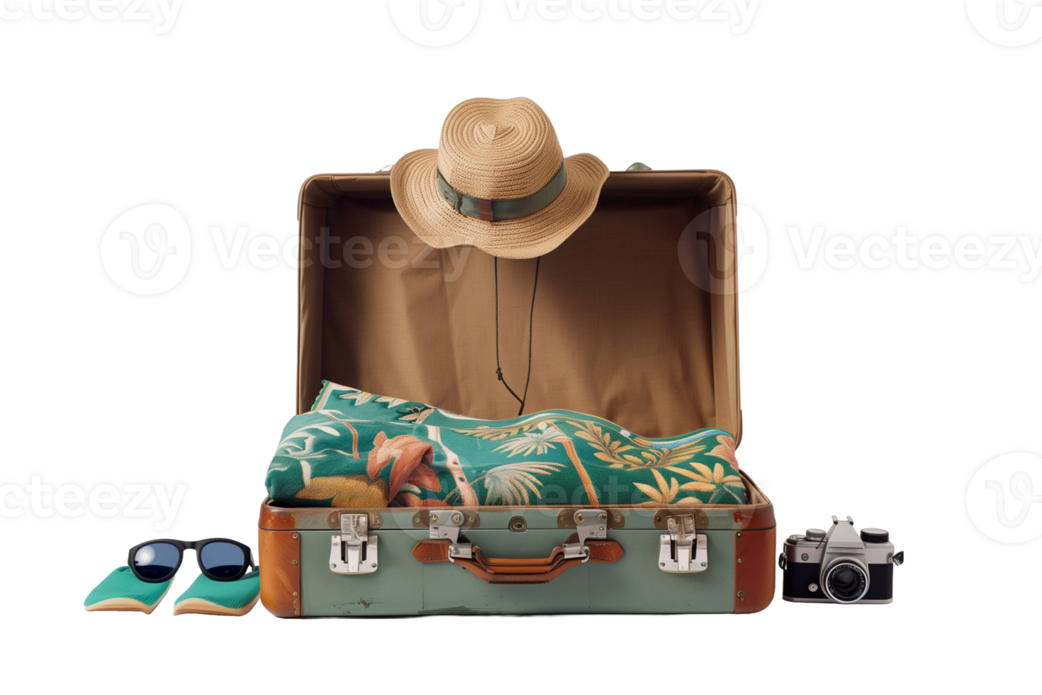 ai generiert Reise Koffer verpackt zum ein Sommer- Urlaub png