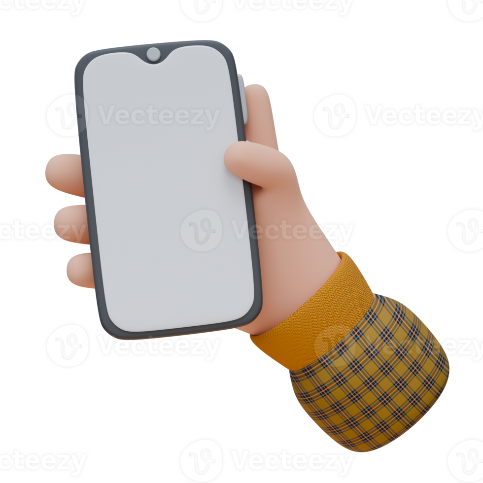 3D illustration of a hand holding a smartphone in vertical with empty screen. Technology concept. Icon design for web or app. png