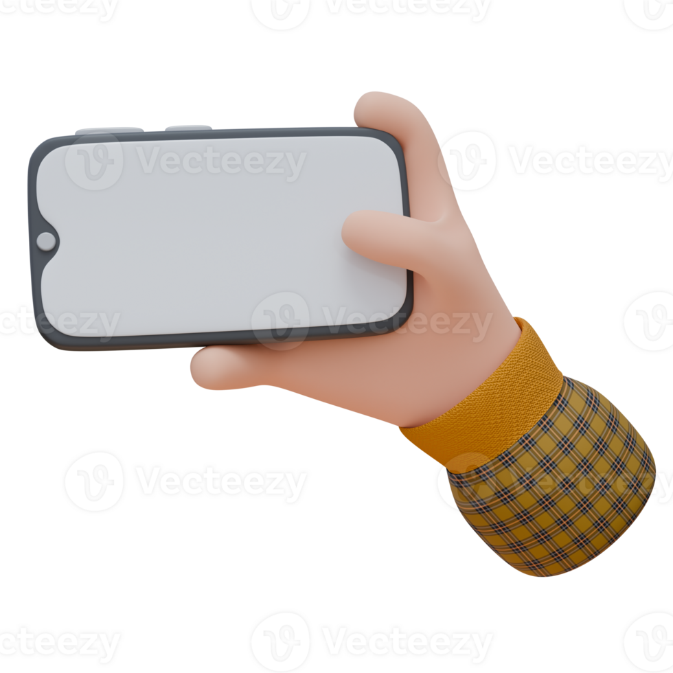 3D illustration of a hand holding a smartphone in horizontal with empty screen. Technology concept. Icon design for web or app. png