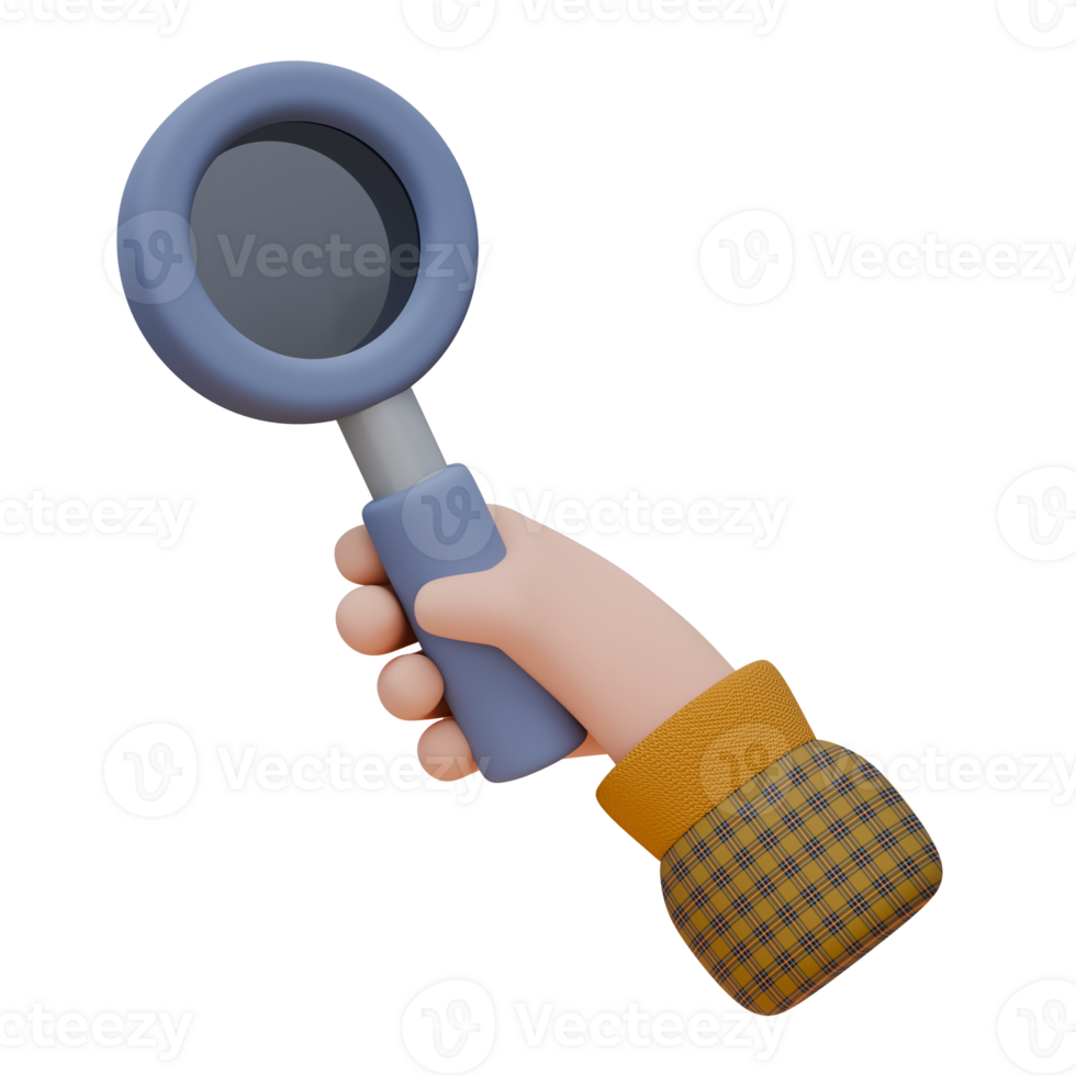 3D illustration of a hand holding a magnifying glass. Business concept. Icon design for web or app. png